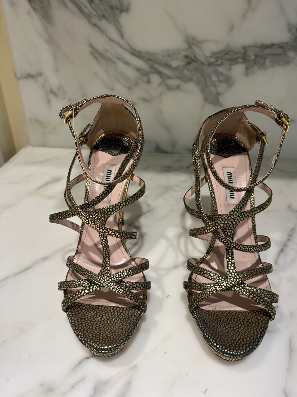 bronze miu miu sandals